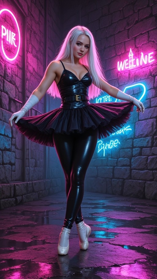 A woman with long white hair in a black leather corset and tutu stands on her toes in a neon-lit brick alleyway at night, holding her skirt out to the sides.
