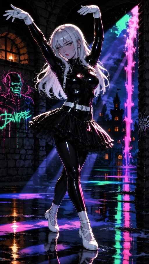 An anime-style illustration of a white-haired woman in a black latex bodysuit and white gloves posing with arms raised under neon lights in a wet courtyard near a castle.