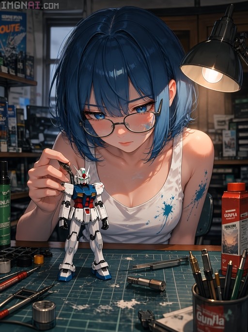 Blue-haired anime girl with glasses painting a Gundam model kit at a desk.