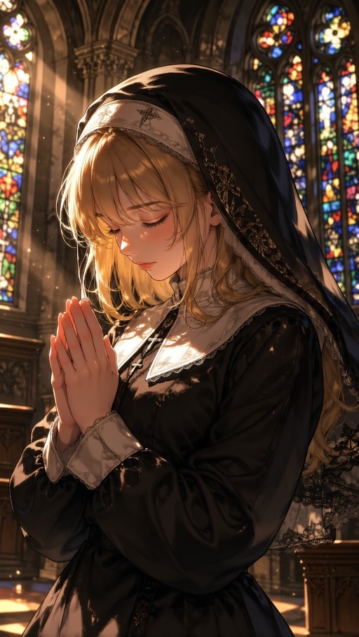 A blonde anime-style nun with her hands clasped in prayer stands inside a church bathed in warm sunlight filtering through colorful stained-glass windows.