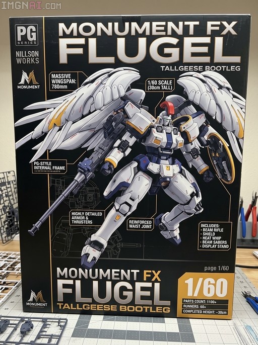 A black box for the Monument FX Flugel 1/60 scale model kit displaying a white winged robot holding a weapon, with plastic runners visible in the foreground.