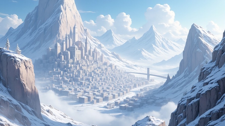 A wide view of a dense fantasy city built in a snowy mountain valley with tall spires and a bridge under a blue sky.