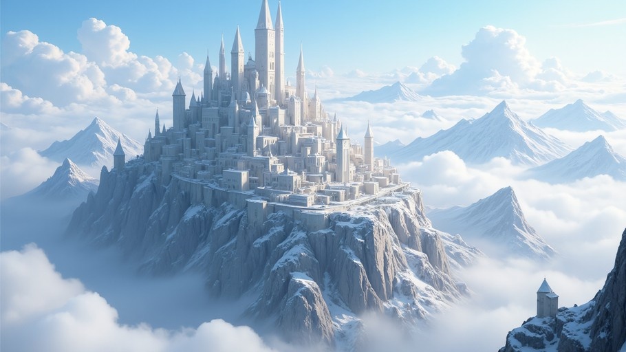 A large white fantasy castle with numerous tall spires sits atop a rugged, snow-dusted mountain cliff, rising high above a thick layer of white clouds under a blue sky.