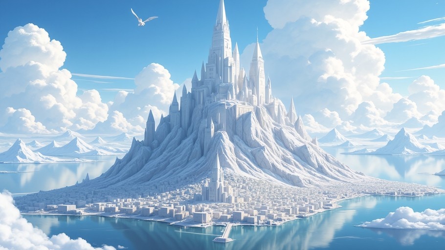 A majestic white fantasy castle perched on a snowy mountain peak overlooking a coastal city and blue water under a cloudy sky with a flying bird.