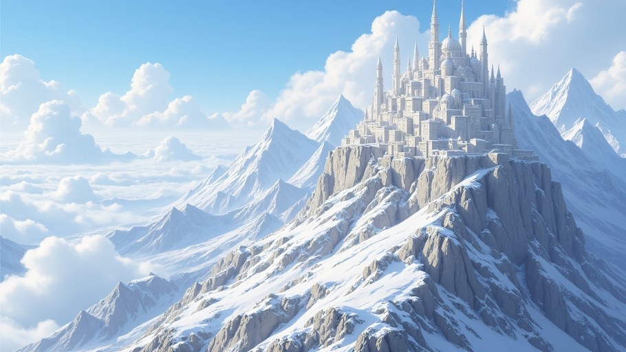 A pixel art depiction of a large white castle with tall spires perched on a snowy mountain peak above the clouds.