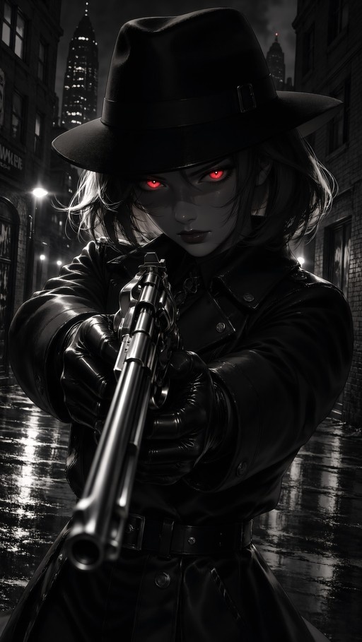 A woman with glowing red eyes wearing a black fedora and trench coat points a revolver directly at the viewer on a wet city street at night.