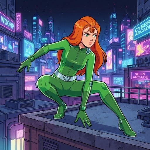 An orange-haired woman in a green bodysuit crouches on a rooftop against a backdrop of a futuristic city with neon signs.
