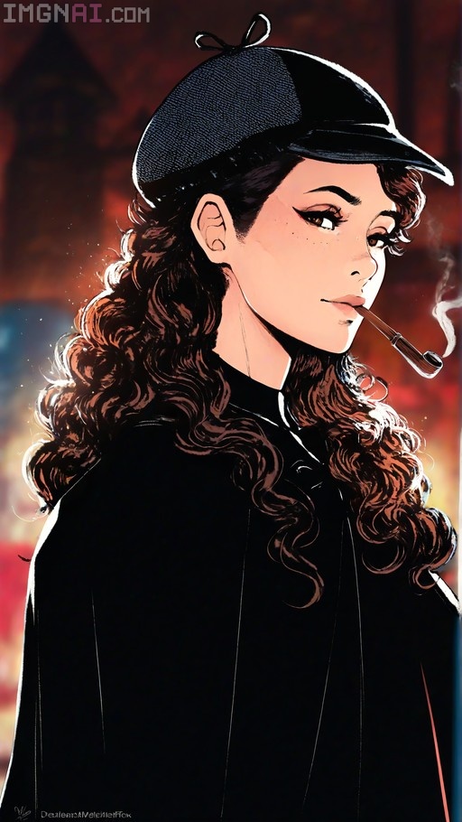 A digital illustration of Lady Sherlock Holmes wearing a black deerstalker hat and cloak while smoking a pipe against a warm background.
