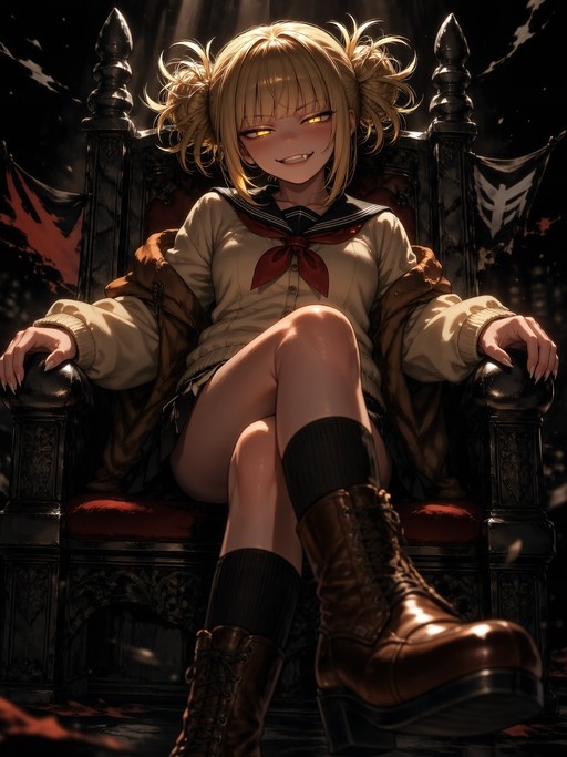 Toga Himiko from My Hero Academia sitting on a black throne with crossed legs, wearing a school uniform and brown jacket.