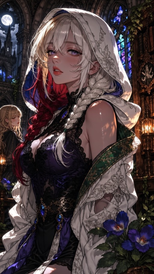 Anime girl with white and red braided hair in a church at night with blue flowers.
