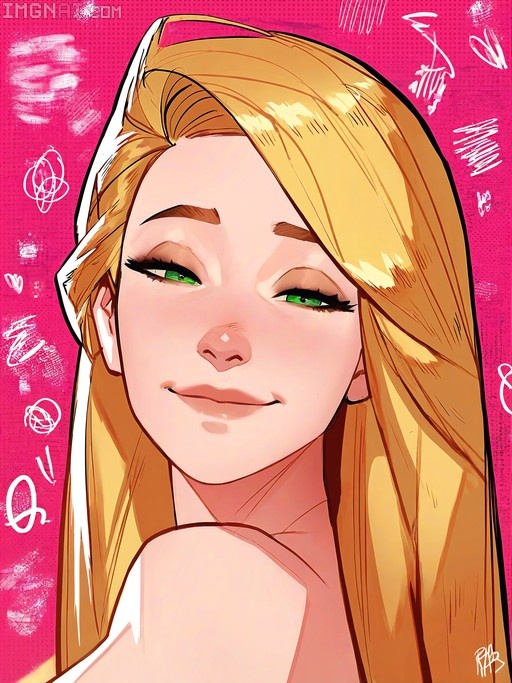 Close-up portrait of Rapunzel with long blonde hair and green eyes smiling against a pink scribbled background.