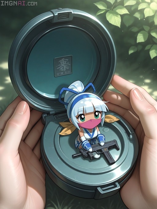A chibi anime girl with white hair and a pink mask sits inside an open compact mirror held by human hands, holding a small submachine gun.