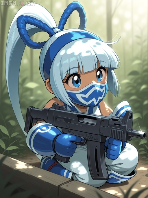 A chibi anime girl with white hair and a blue mask crouching in a forest while holding a submachine gun.