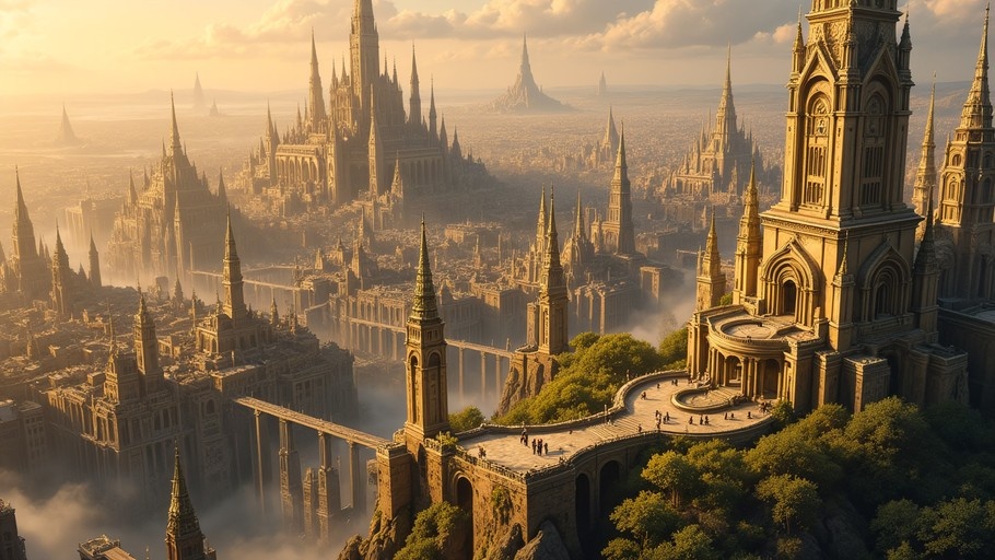 A digital painting of a fantasy city with tall spires and bridges under a yellow sky.