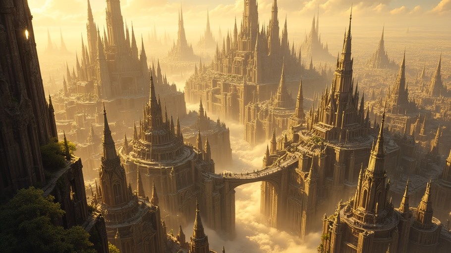 A sprawling fantasy city with tall gothic spires rising above a sea of clouds under a golden sky.