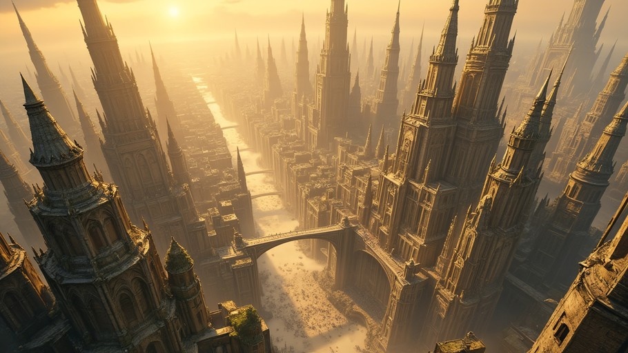 Aerial view of a fantasy city with tall gothic spires and bridges over a river at sunset