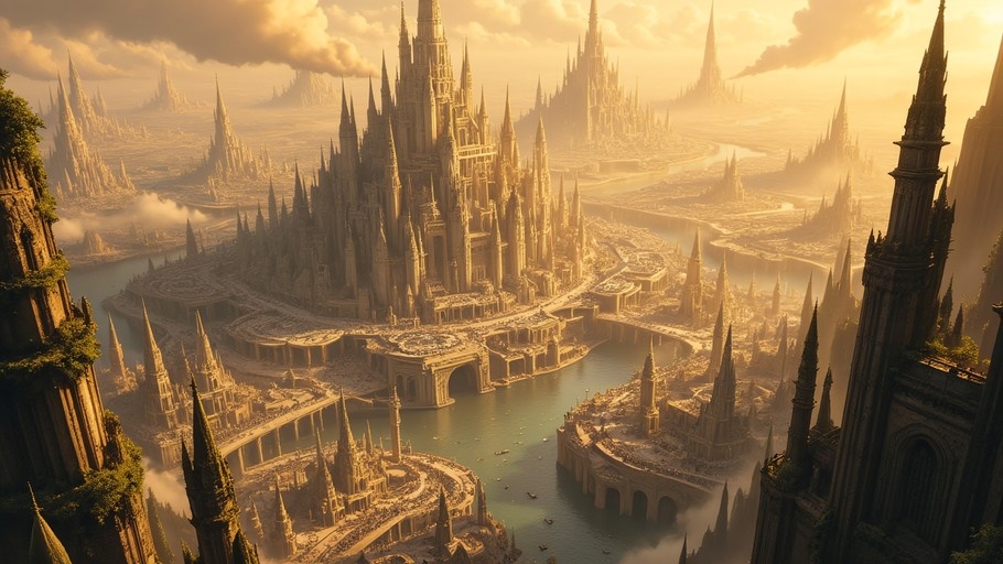 Aerial view of a vast fantasy city with tall spires and a river under a yellow sky.