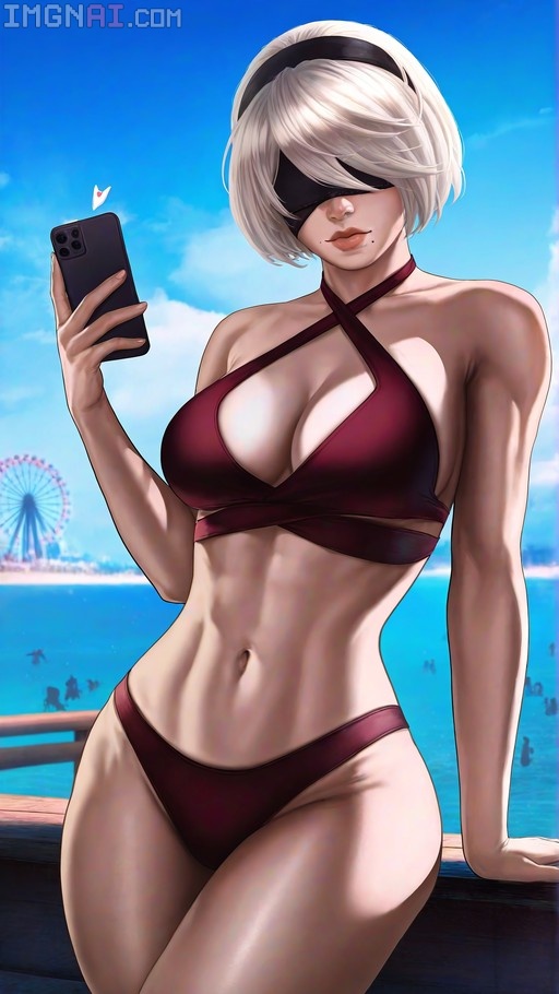 A digital illustration of 2B from Nier: Automata wearing a maroon halter bikini and black blindfold, holding a smartphone while leaning on a pier railing with a Ferris wheel in the distance.