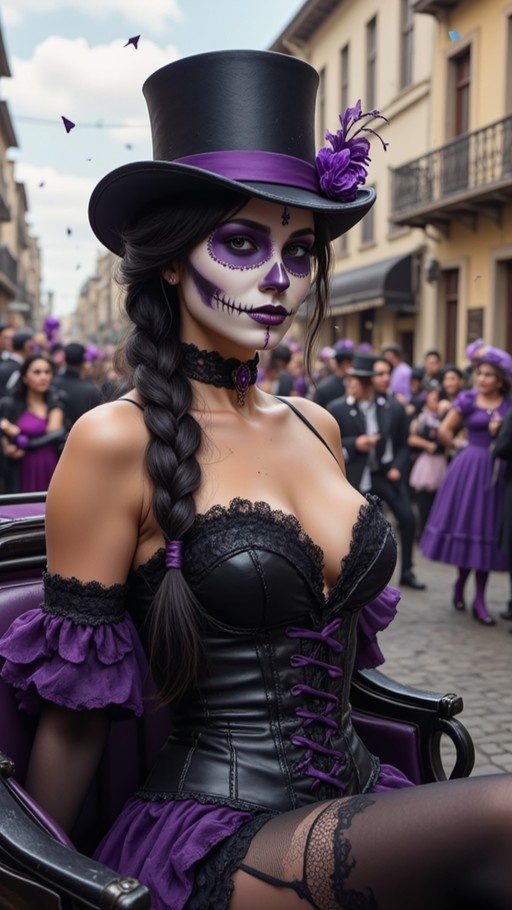 Close-up of a woman in gothic attire wearing a black top hat, purple sugar skull face paint, and a black lace corset with purple ruffles.