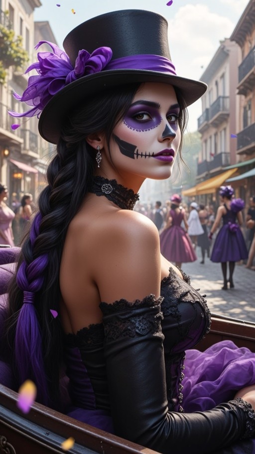 A woman with sugar skull makeup and a black top hat sits in a carriage during a festival.