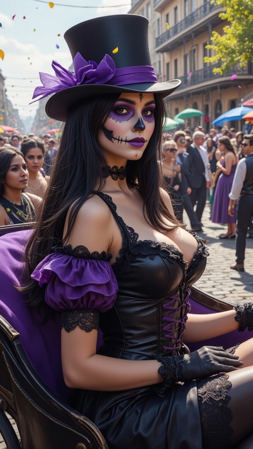 A woman with sugar skull face paint and a black top hat with a purple bow sits on a carriage at an outdoor festival wearing a black corset dress and purple sleeves.