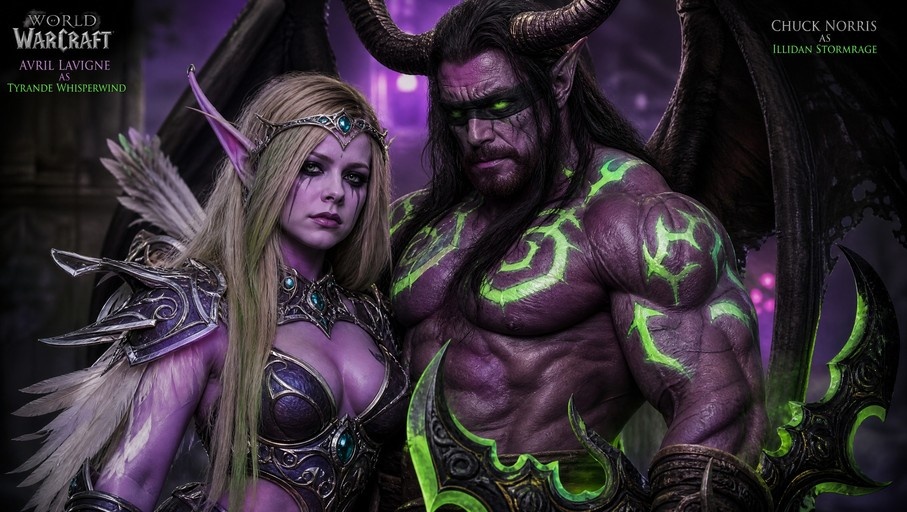 Avril Lavigne and Chuck Norris dressed as Tyrande Whisperwind and Illidan Stormrage from World of Warcraft.
