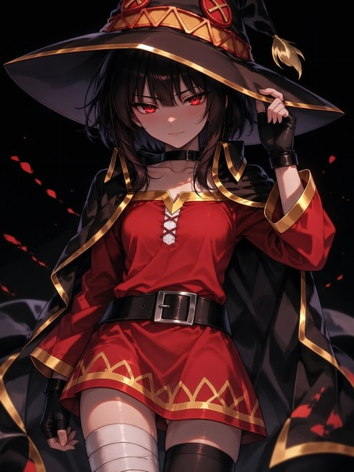 Megumin from Konosuba holding her large black witch hat, wearing a red dress and mismatched legwear against a dark background with embers.