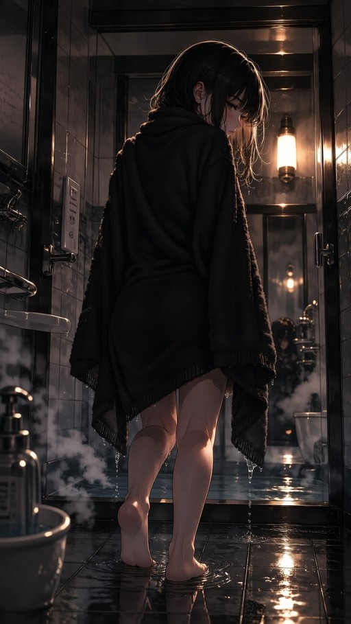 A barefoot girl with long black hair stands in a steamy bathroom wearing an oversized black coat, looking back over her shoulder while water drips from the hem onto wet tiles.