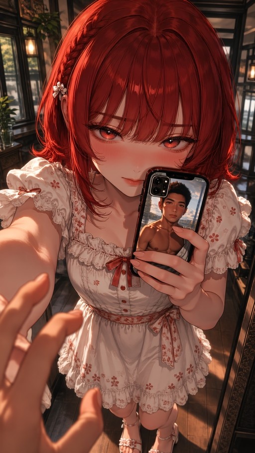 A red-haired anime girl in a white floral dress takes a mirror selfie, holding up her phone to display a picture of a shirtless man.
