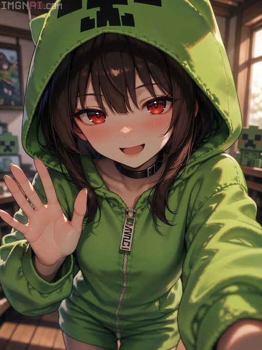 An anime girl with brown hair and red eyes wearing a green Minecraft Creeper hoodie smiles and reaches toward the viewer in an indoor setting.