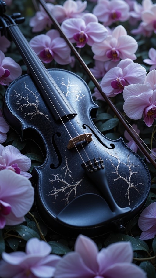 A black violin with intricate gold branch patterns resting on a bed of blooming pink orchids.