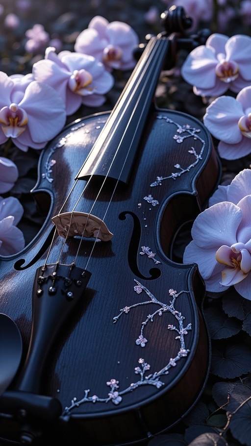 A dark wooden violin with intricate floral designs resting among blooming purple orchids.