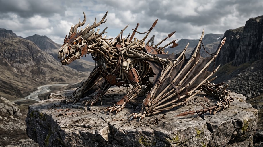 A skeletal dragon made of bones and rusted metal armor stands on a rocky cliff overlooking mountains.