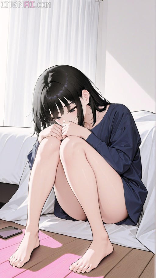 Anime style illustration of a barefoot girl with black hair sitting on the floor hugging her knees, wearing an oversized blue shirt.