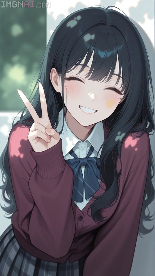 Cheerful anime girl with long dark hair smiling with closed eyes, wearing a school uniform with a maroon cardigan and blue bowtie while making a peace sign.