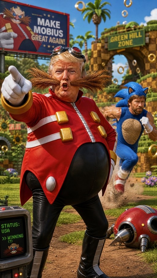 Donald Trump dressed as Dr. Robotnik pointing forward while Chuck Norris runs past in a blue Sonic costume in Green Hill Zone.