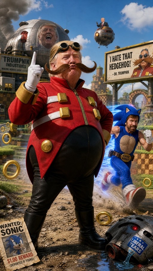 Donald Trump dressed as Dr. Robotnik stands in front of Chuck Norris running in a Sonic costume with golden rings floating around.