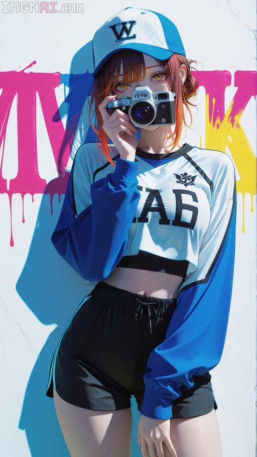 Makima from Chainsaw Man holds a silver camera to her eye, wearing a blue baseball cap and cropped jersey against a graffiti wall.