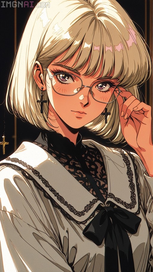 Close-up portrait of a blonde anime girl with purple eyes adjusting her round glasses, wearing black cross earrings and a white shirt with a black lace collar and ribbon bow.