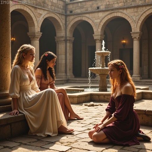 Three young women in flowing medieval-style gowns sit and kneel on a stone patio near a tiered water fountain in an arched courtyard.