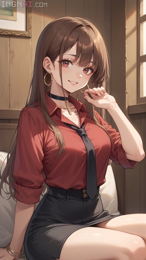 An anime-style illustration of a smiling young woman with long brown hair sitting indoors. She wears a red collared shirt with rolled-up sleeves, a loose black necktie, and a dark pencil skirt. Accessories include large gold hoop earrings, a bracelet, and a black choker adorned with a gold cross.