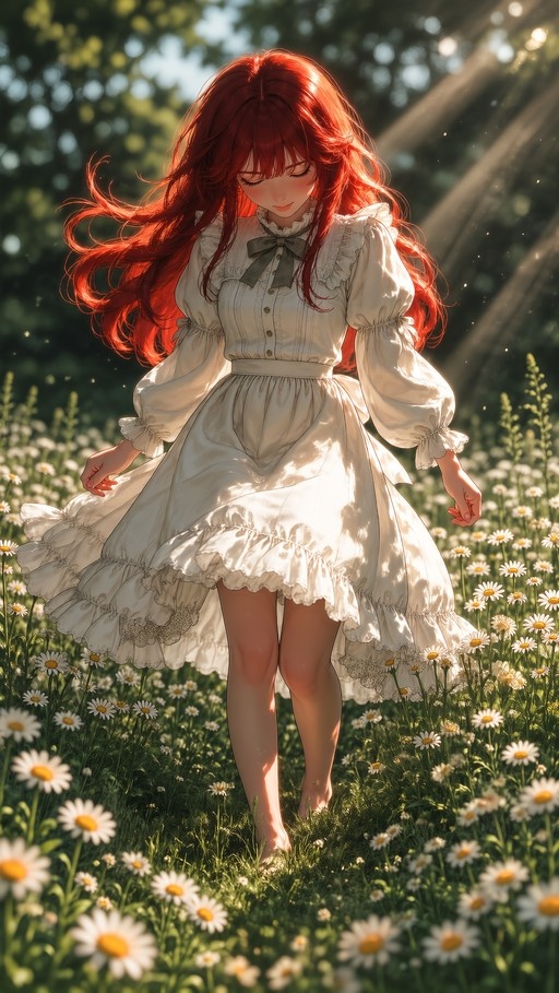 Red-haired anime girl in a frilly white dress standing barefoot in a sunny daisy field