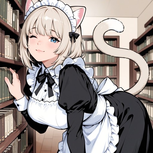 A blonde anime catgirl maid with a white tail and cat ears winks playfully while standing in front of a library bookshelf.