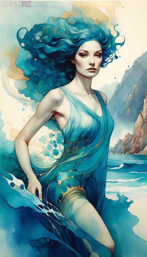 A woman with long flowing blue hair and a blue dress stands before a mountainous coastline in a vibrant oil painting style.