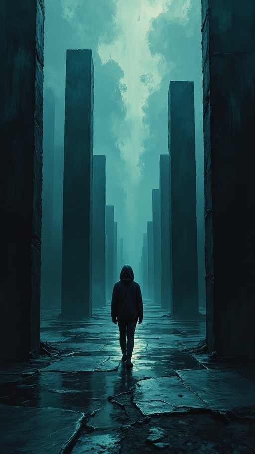 A person in a dark hoodie walks away from the camera through a field of tall stone pillars under a bright blue sky.