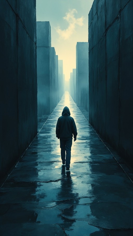 A person in a dark hoodie walks away from the camera down a long, wet path between tall concrete walls towards a bright light in the distance.