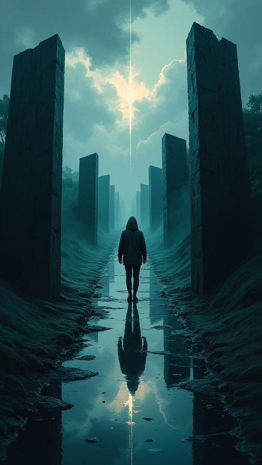 A person in a dark hoodie stands on a wet path between tall stone pillars, looking toward a bright light in the cloudy sky.