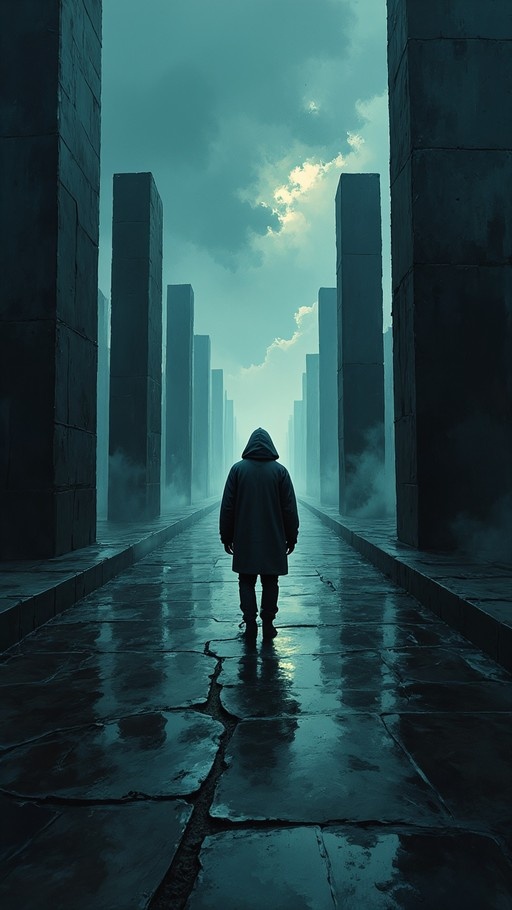 A hooded figure walks away from the viewer down a wet stone path lined with tall monolithic pillars under a cloudy blue sky.