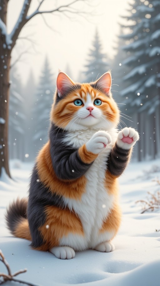A fluffy calico cat with blue eyes stands in the snow reaching up with its paws in a snowy forest.