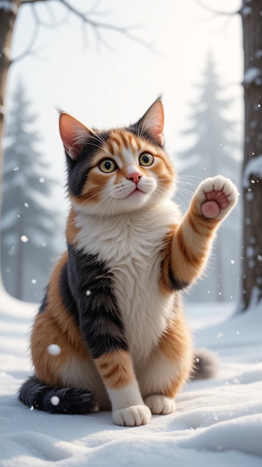 A fluffy calico cat sits in deep snow, raising a white-tipped paw high against a blurred winter forest background.